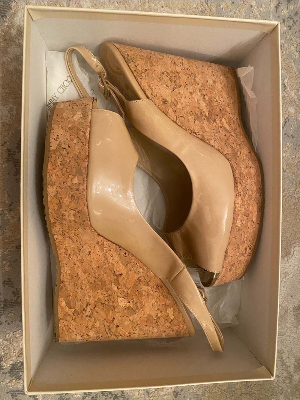 Jimmy Choo Beige Patent Leather Cork Wedge Sandals